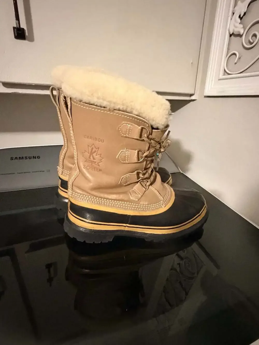 Sorel Caribou Waterproof Leather Winter Boots Tan Black Faux Fur